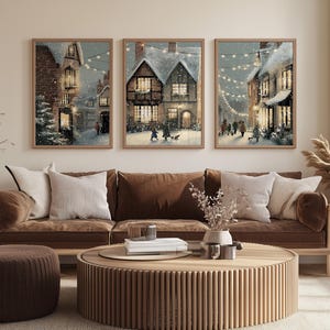 Cozy Small Town Christmas Print, 3 Three Piece Set of Wall Art, Digital Download