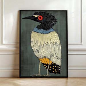 May include: A stylized illustration of a bird with a black head, blue and white feathers, and yellow and black markings on its legs. The bird has red eyes and is set against a dark green background.
