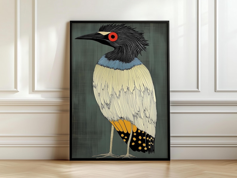 May include: A stylized illustration of a bird with a black head, blue and white feathers, and yellow and black markings on its legs. The bird has red eyes and is set against a dark green background.