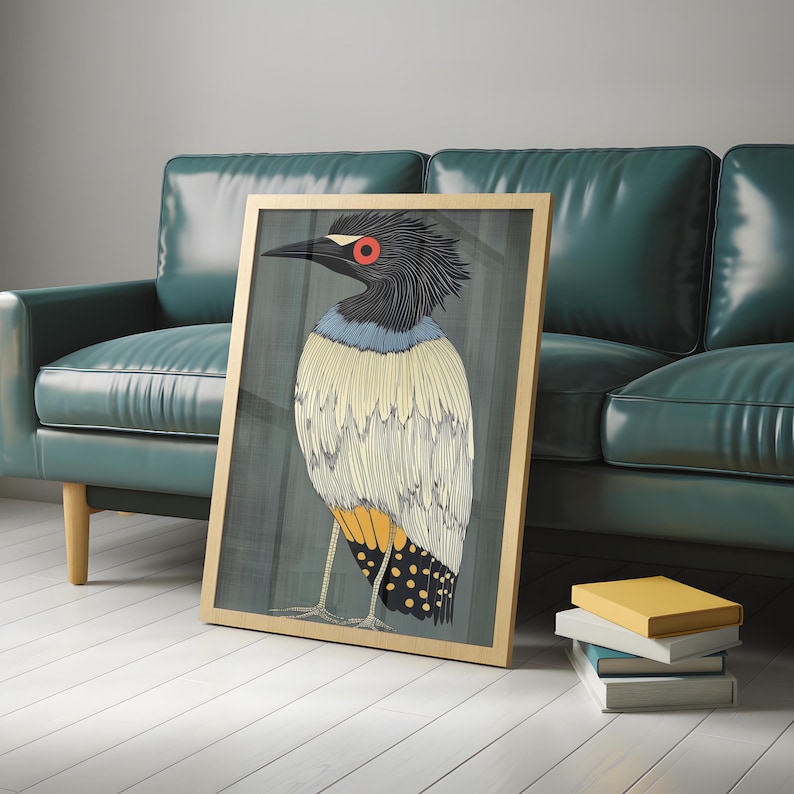 May include: A framed illustration of a bird with a black head, blue and white feathers, and yellow and black markings on its tail. The bird has a red eye and is standing on a green background.