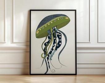 Jellyfish, Art Deco Wall Art, Retro Mid Century Modern House Decor, Nautical Art, Vintage Japandi Wall Art, Jelly Fish, Digital Download