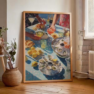 Ostras y caviar, arte mural de cocina costera, impresión retro vintage de la Costa Este, póster playero de verano, decoración de casa de playa, descarga digital