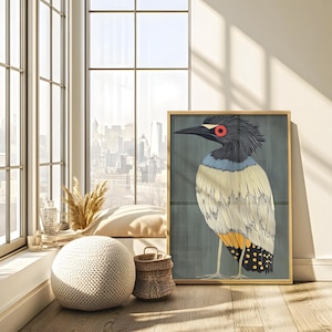 May include: A framed illustration of a bird with a long beak, black and blue feathers, and yellow and black markings on its chest. The bird is standing on a blue background.