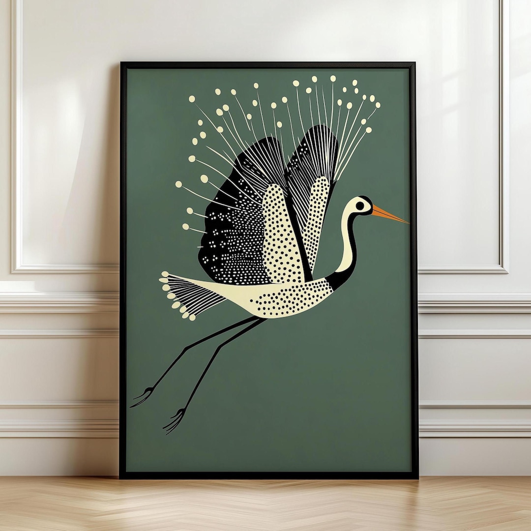 Minimalist Flying Crane, Art Deco Wall Art, Retro Mid Century