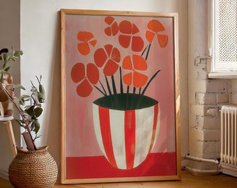 May include: A painting of a bouquet of orange flowers in a white and red striped vase. The flowers are stylized and have a flat, graphic look. The background is a soft pink.