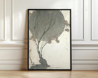 Puede incluir: Una impresión artística enmarcada con un diseño minimalista de árbol con una gran forma circular gris en el fondo. La obra de arte tiene una paleta de colores apagados con tonos de gris, beige y marrón, sobre un fondo blanco.