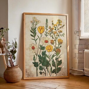 Vintage Flowers Print, Retro Floral Wall Hanging, Printable Wildflower Botanical Artwork, Digital Download, Trendy Mid Century Decor,