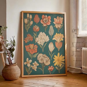 Flowers Print, Retro Vintage Floral Wall Hanging, Printable Wildflower Botanical Artwork, Digital Download, Trendy Mid Century Decor,