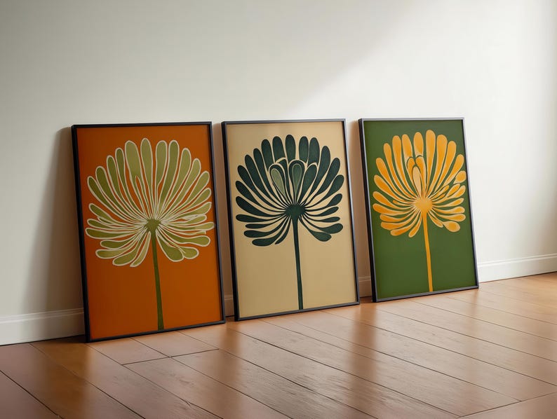 Moody Floral Art Deco Print, Retro MCM Boho Three Piece Set of Wall Art ...