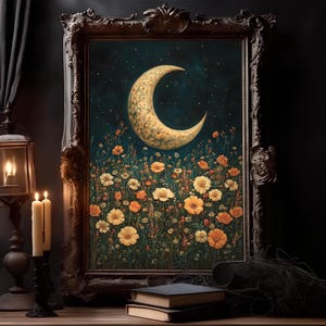 Celestial Crescent Moon, Gothic Whimsigoth Decor Wall Art, Macabre Vintage Painting Dark Academia Moody, Printable Downloadable Digital Art