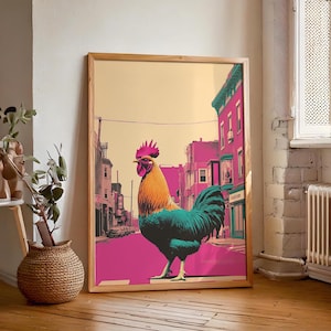 Rooster Chicken Print, The Chicken Crossed the Road Risograph Artwork, Printable Wall Art. Chicken Lover Decor. Digital Download