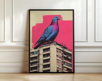 Impresión risográfica de paloma: Arte urbano de aves (impresión digital)