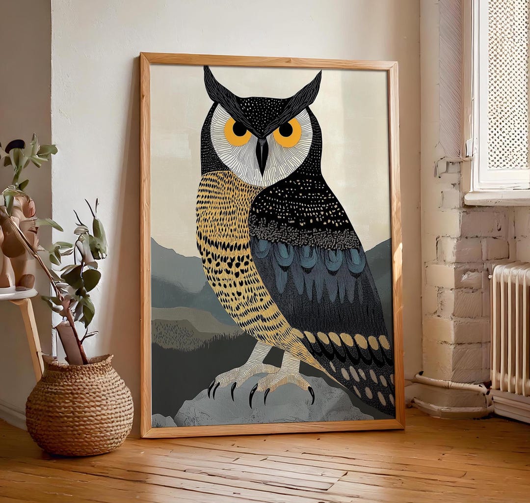 Retro Vintage Great Horned Owl Print, Art Deco Wall Art, Calming Bird ...