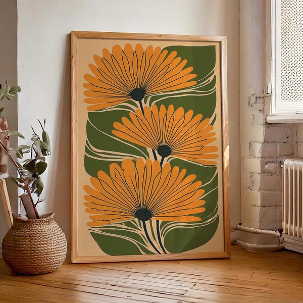 Art Deco Floral Wall Art, Colorful Maximalist Printable Artwork, Abstract Flower Prints, MCM Decor, Boho Trendy Wall Art, Digital Download