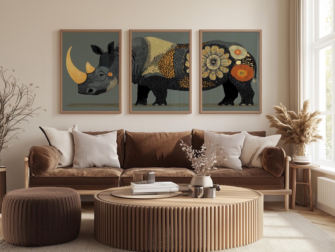 Retro Art Deco Rhino Print, 3 Three Piece Set of Wall Art, Digital