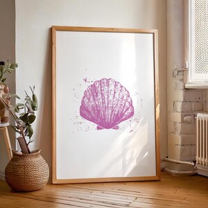 Arte mural costero de concha rosa malva, litografía retro, póster playero de verano, decoración de casa de playa, descarga digital minimalista imprimible