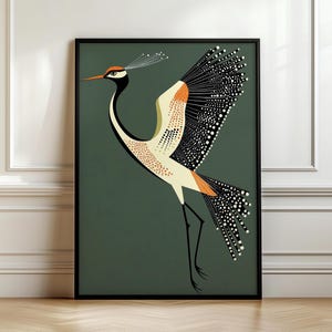 May include: A stylized illustration of a crane with a long neck and black, white, and orange patterned feathers on a dark green background.