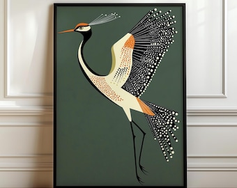 Fancy Flying Crane, Art Deco Wall Art, Retro Mid Century Modern House Decor, Bird Lover Decor, Vintage Japandi Wall Art, Digital Download