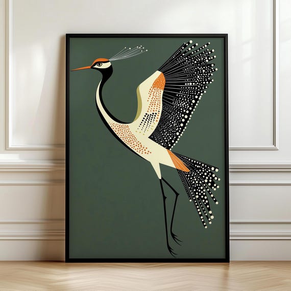 Fancy Flying Crane, Art Deco Wall Art, Retro Mid Century Modern House Decor, Bird Lover Decor, Vintage Japandi Wall Art, Digital Download