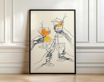 Può includere: Un disegno in bianco e nero di quattro bicchieri di cocktail con fette d'arancia e una cannuccia, su sfondo bianco.