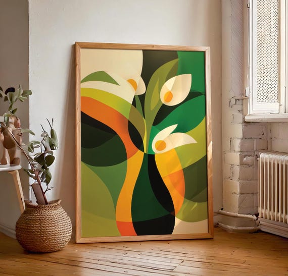 インテリアアート　ART DECO Retro Vintage Abstract Green Cream Flower Print, Art Deco Poster