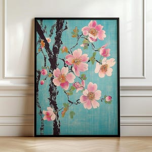 May include: A painting of a pink cherry blossom branch with delicate flowers against a blue background.