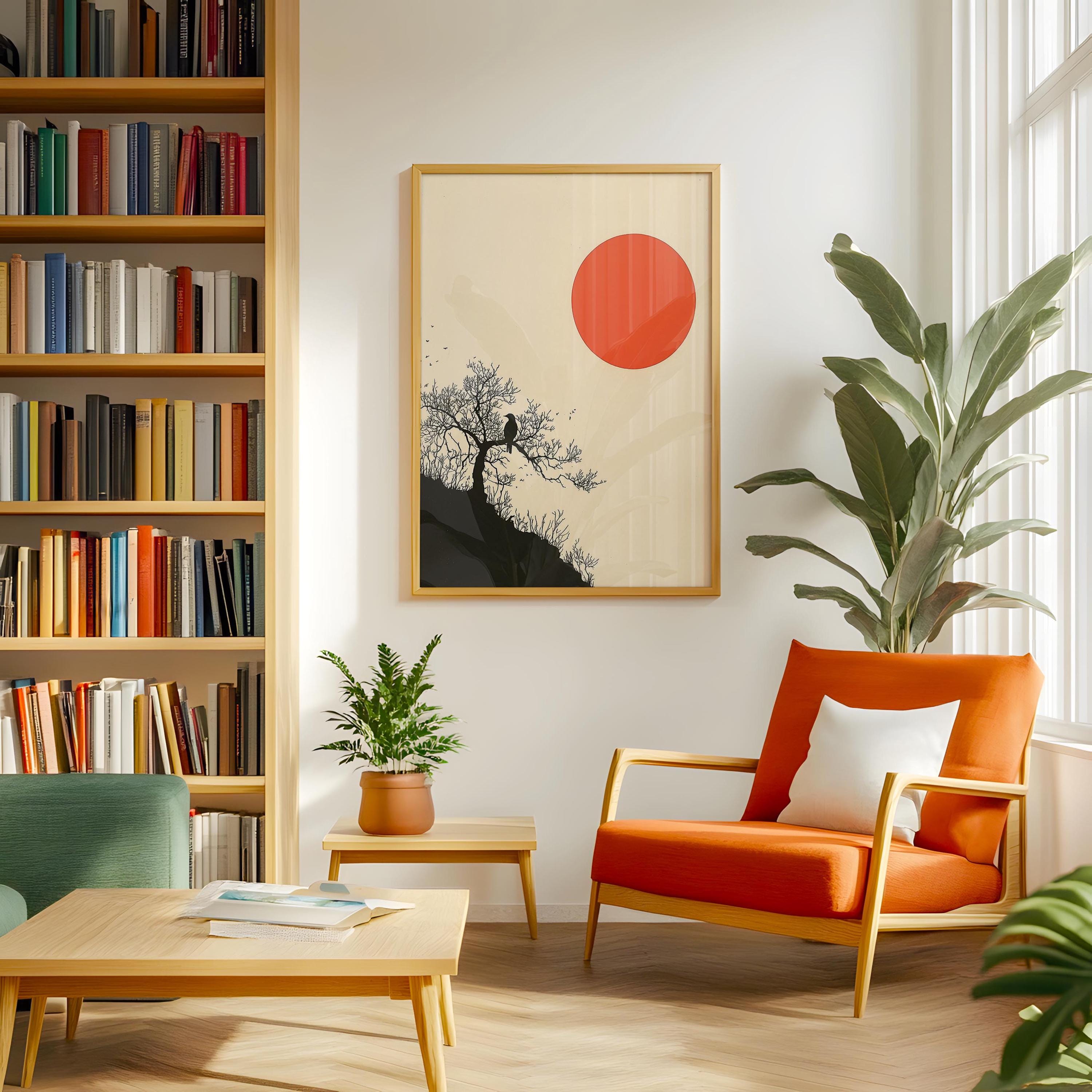 Cream With Red Sun Japandi Wall Art Print | Wabi Sabi Digital