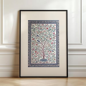 May include: A framed print of a traditional Indian artwork depicting a stylized tree with pink flowers and blue birds. The tree is surrounded by a decorative border in shades of blue and pink.
