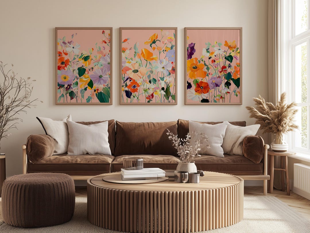 Pink Abstract Wildflower Print, Floral 3 Three Piece Set of Wall Art ...
