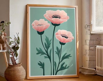 Light Green Flowers Print, Retro Vintage Floral Wall Hanging, Wildflower Botanical Artwork, Digital Download, Trendy Mid Century Wall Art