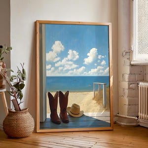 Arte de pared de vaquera costera / Impresión de escena retro del océano azul / Póster de verano playero / Decoración de casa de playa / Obra de arte minimalista imprimible digital /