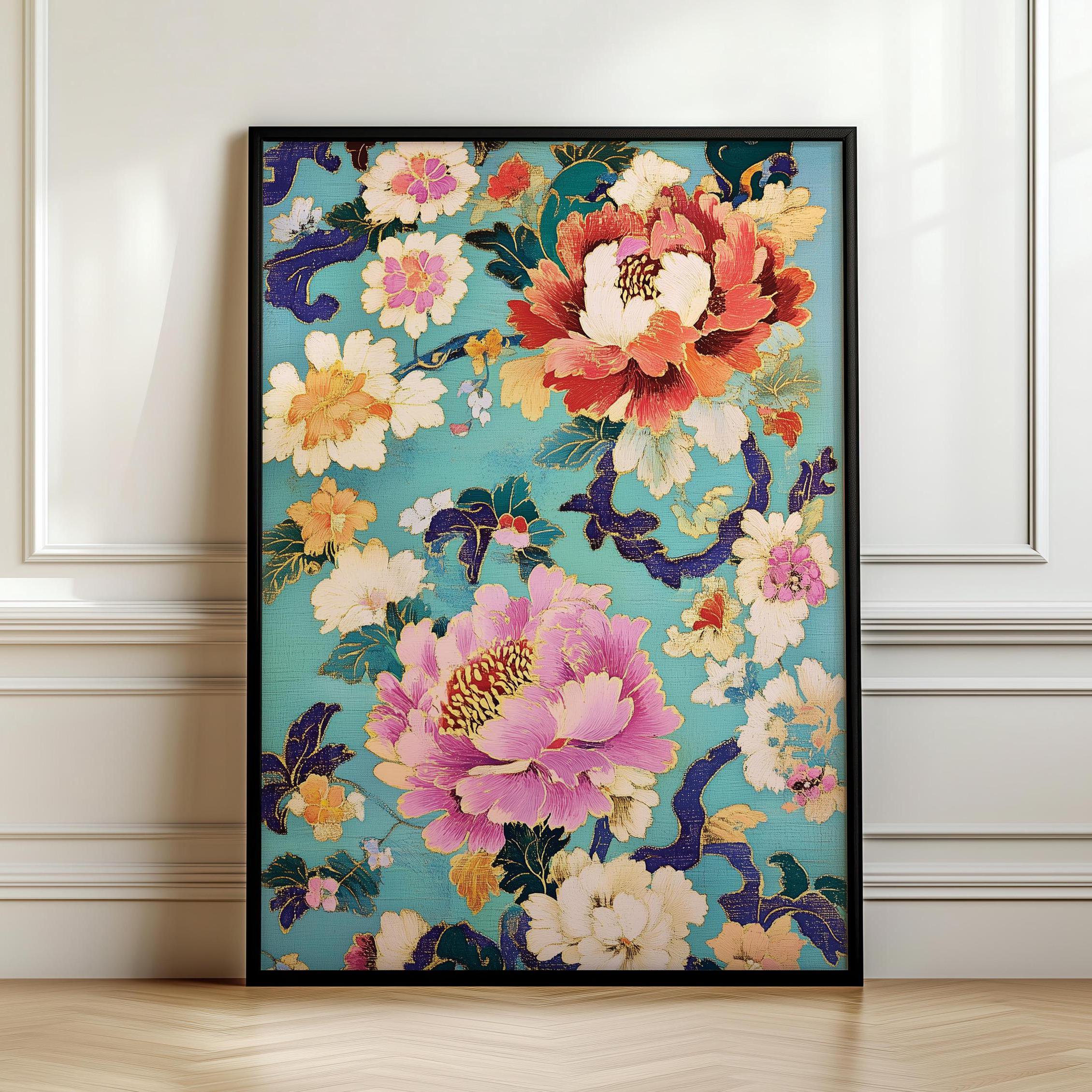 Turquoise Textile Wall Art | Chinese Painted Silk, Light Academia