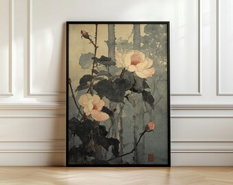 May include: A framed print of a botanical illustration of roses. The artwork depicts light pink and cream-coloured rose blossoms with dark green leaves and stems against a muted background. The print is in a black frame.