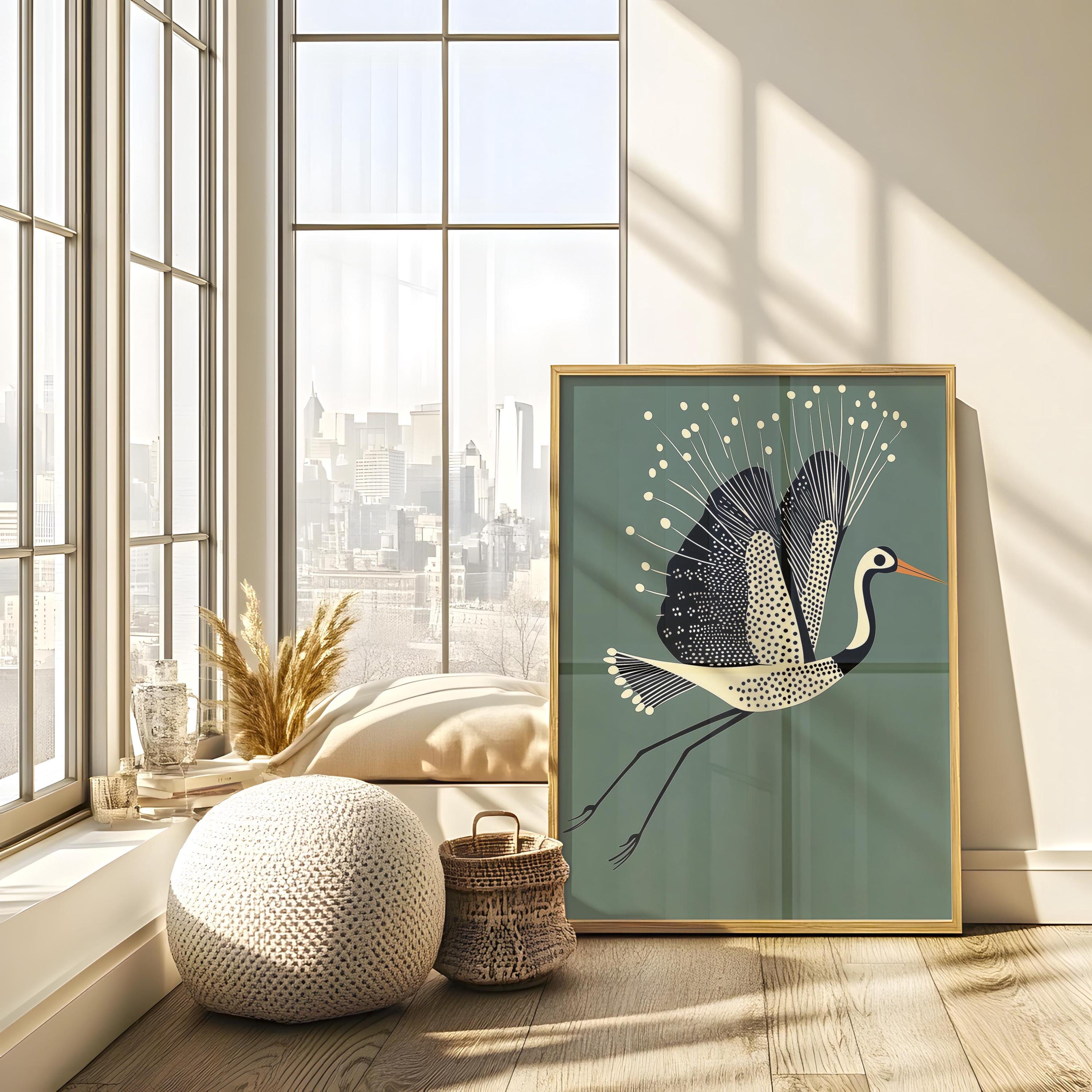 Minimalist Flying Crane, Art Deco Wall Art, Retro Mid Century Modern ...
