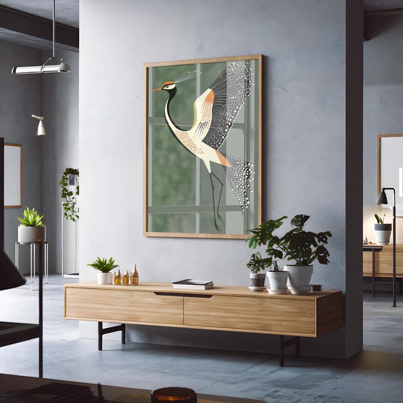 May include: A framed illustration of a stylized crane with a long neck and a spread of feathers. The crane is depicted in shades of orange, black, and white against a green background.