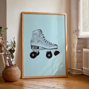 Vintage Green Roller Skate Print, Retro 1980s 1990s Rollerskate Wall Art, Maximalist Linocut Print, I Love The 80s 90s, Digital Download.