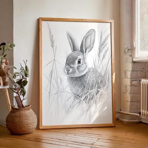 Hase Bleistift Zeichnung Minimalistischer Druck, modernes Haus Dekor, Frühling Oster Wandkunst, Retro Vintage Hase Kunstwerk, digitaler Download