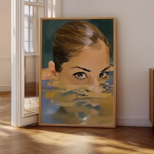 Swimming Woman Portrait, Female Portrait Painting, Japandi Wall Art, Light Academia Decor, Eclectic Abstract Female Art, Digital Download
