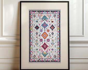 Può includere: Una stampa incorniciata di un tappeto colorato con un motivo geometrico. Il tappeto è bianco con accenti rosa, blu, gialli e neri. La cornice è nera.