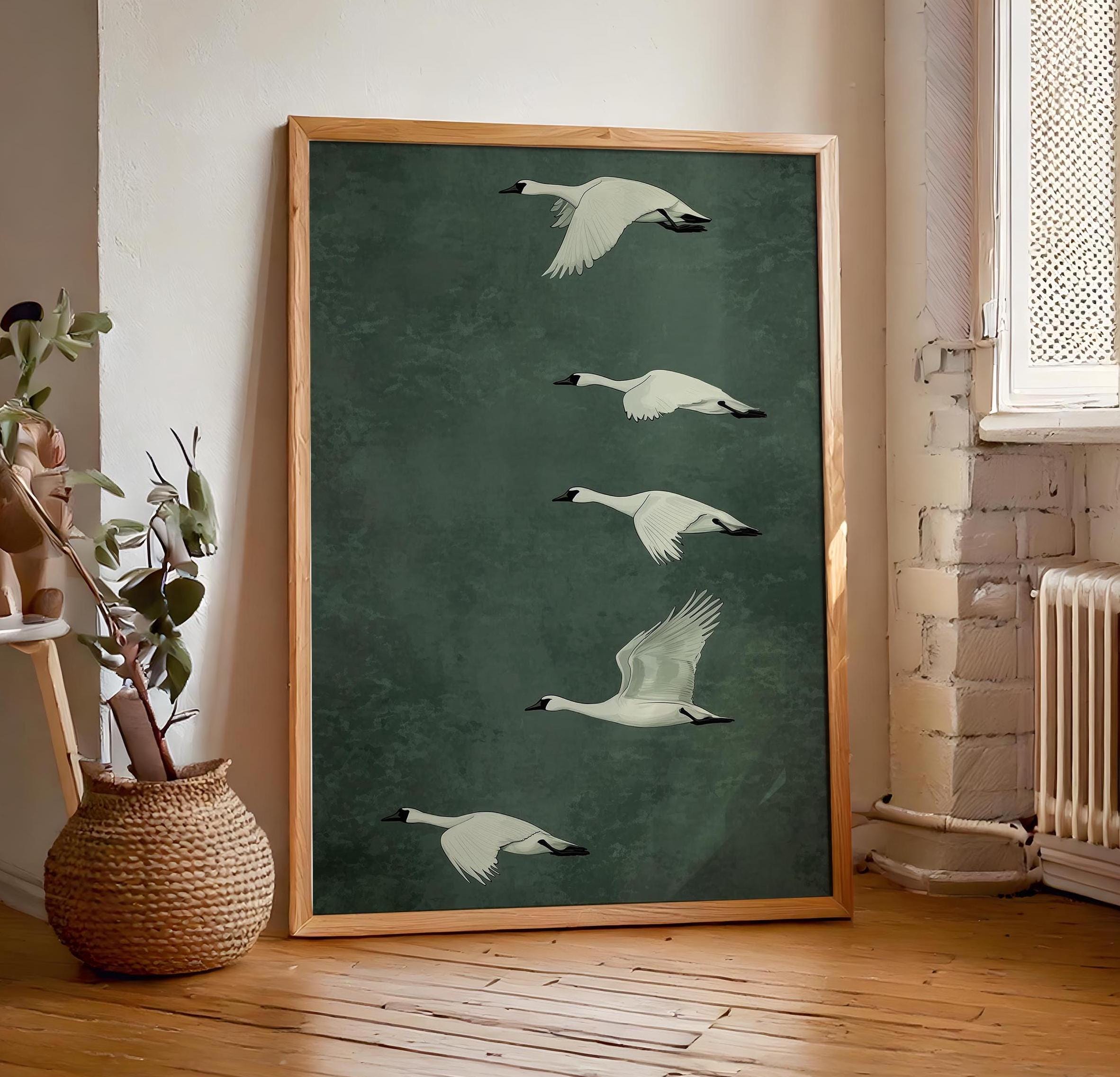 Flock of Geese Emerald Green Abstract Minimalist Print, Goose Wall Art ...