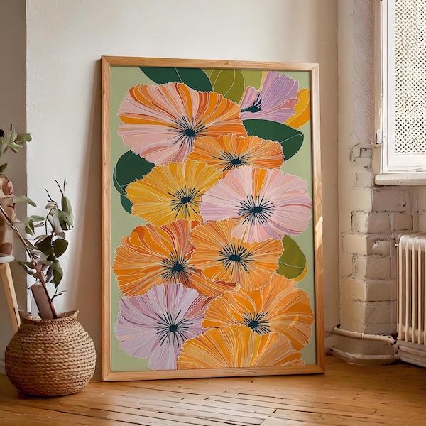 Colorful Orange Pink Flower Print, Art Deco Floral Wall Art, Digital Download