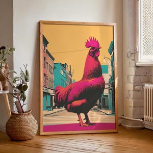 Chicken Print, Way Out West Chicken Risograph image Printable Wall Art. Chicken Lover Decor. Digital Print of a Rooster. Artistic Print.