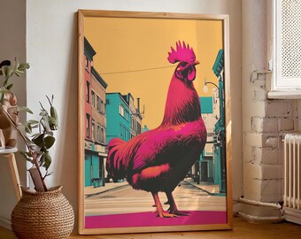 Risograph Chicken Print: Way Out West Rooster Art (Digital Print)