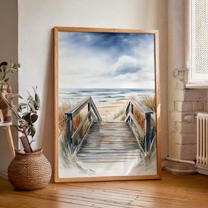 Küsten Strand Boardwalk Wand Kunst | Retro Ozean-Szene Druck | Sommer Poster | Strand Haus Dekor | Druckbare Grafik | DIGITALER Download
