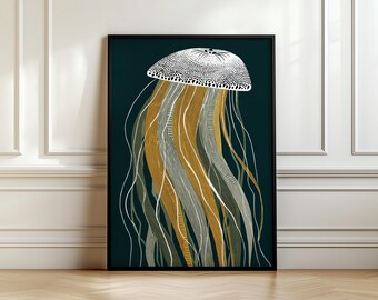Retro Abstract Jellyfish Print, Vintage Art Deco Wall Art,  Digital Download