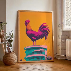 Chicken Print,  Orange Chicken Risograph image Printable Wall Art. Chicken Lover Decor. Digital Print of a Rooster. Artistic Print.