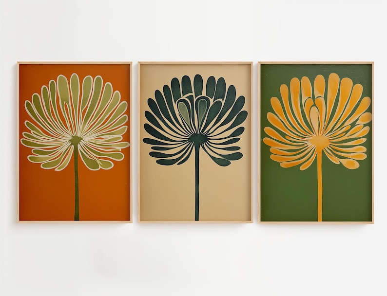 Moody Floral Art Deco Print, Retro MCM Boho Three Piece Set of Wall Art ...