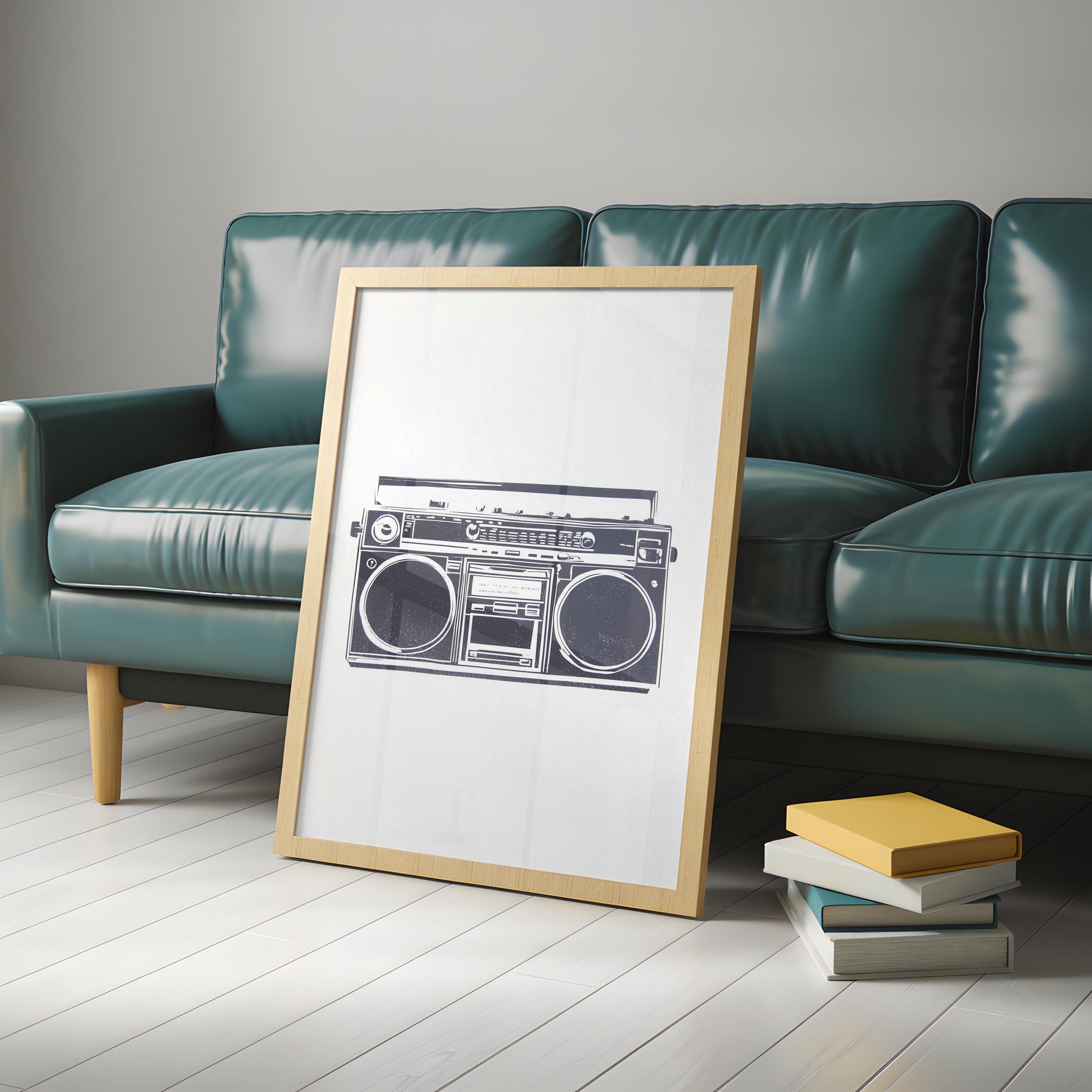 Vintage Black and White Music Boombox Print, Retro 1980s 1990's