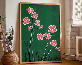 Pink on Green Flowers Print, Retro Vintage Floral Wall Hanging, Wildflower Botanical Artwork, Digital Download, Trendy Mid Century Wall Art