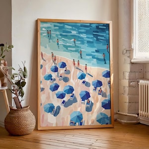 Arte de pared costero en pizarra azul marino / Impresión de escena oceánica retro / Póster playero de verano / Decoración de casa de playa / Obra de arte minimalista imprimible
